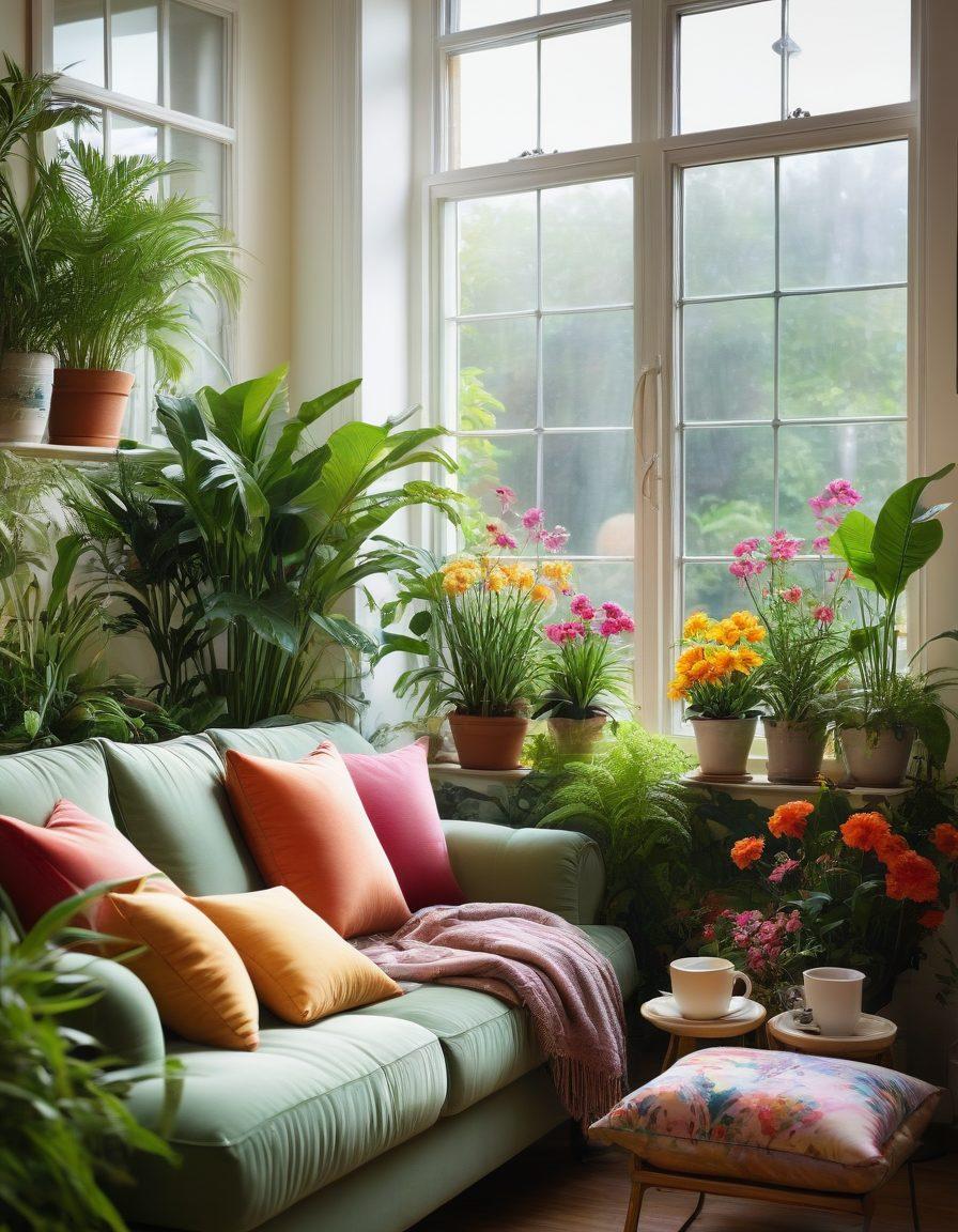 A serene and vibrant indoor space filled with lush green plants, soft sunlight streaming through large windows, and cozy furnishings that invite relaxation. Include a cheerful person tending to a garden or enjoying a cup of tea, surrounded by colorful flowers and soft cushions. The atmosphere should exude warmth and positivity, inspiring feelings of joy and tranquility. super-realistic. vibrant colors. soft focus.
