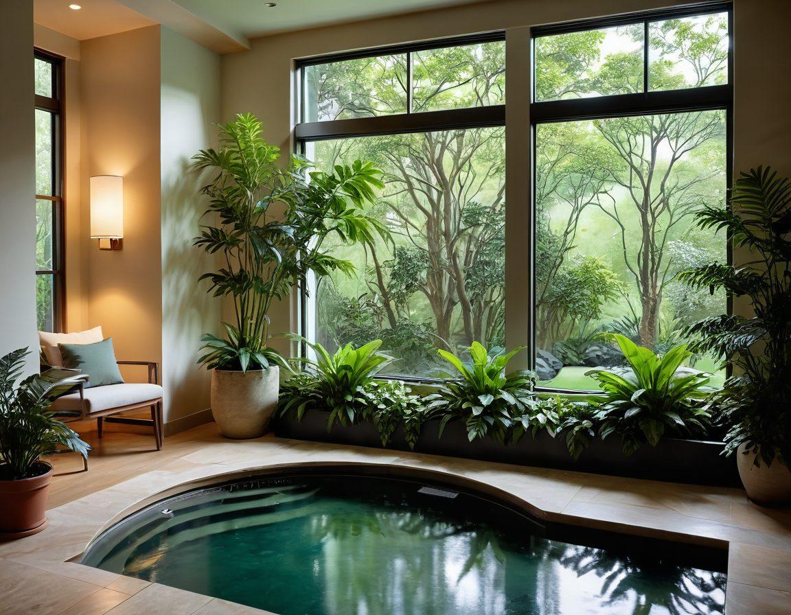 A serene indoor space filled with lush green plants, soft ambient lighting, and cozy seating arrangements. Include elements like a calm water fountain and a view of a tranquil garden outside. Portray a sense of peacefulness and well-being, with gentle, inviting colors. super-realistic. vibrant colors. peaceful atmosphere.