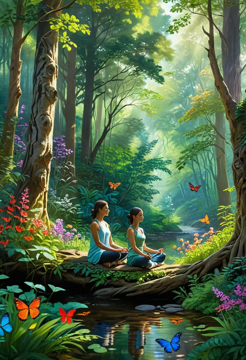 A serene landscape featuring a person meditating in a lush green forest, surrounded by vibrant flowers and gentle sunlight filtering through the trees. Small, colorful birds and butterflies flutter around, symbolizing joy and harmony with nature. In the background, a peaceful stream flows, adding to the tranquil vibe. The overall atmosphere conveys a sense of peace and ecstasy. super-realistic. vibrant colors. natural lighting.